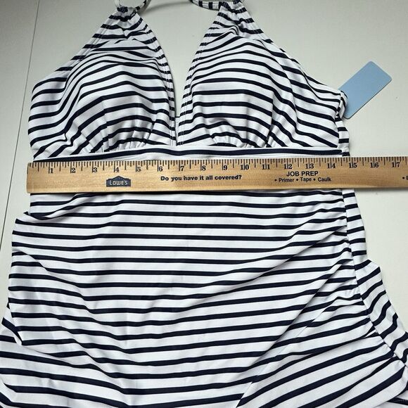 Yonique Open Back Halter Tankini Top Swimsuit Blue White Stripe XL Ruched - Picture 7 of 11